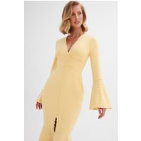 Lavish Alice **PRE-ORDER** SALMA Fluted Sleeve Longline Fishtail Midi Dress In Yellow SM UK10 | Lavish Alice Retail Ltd