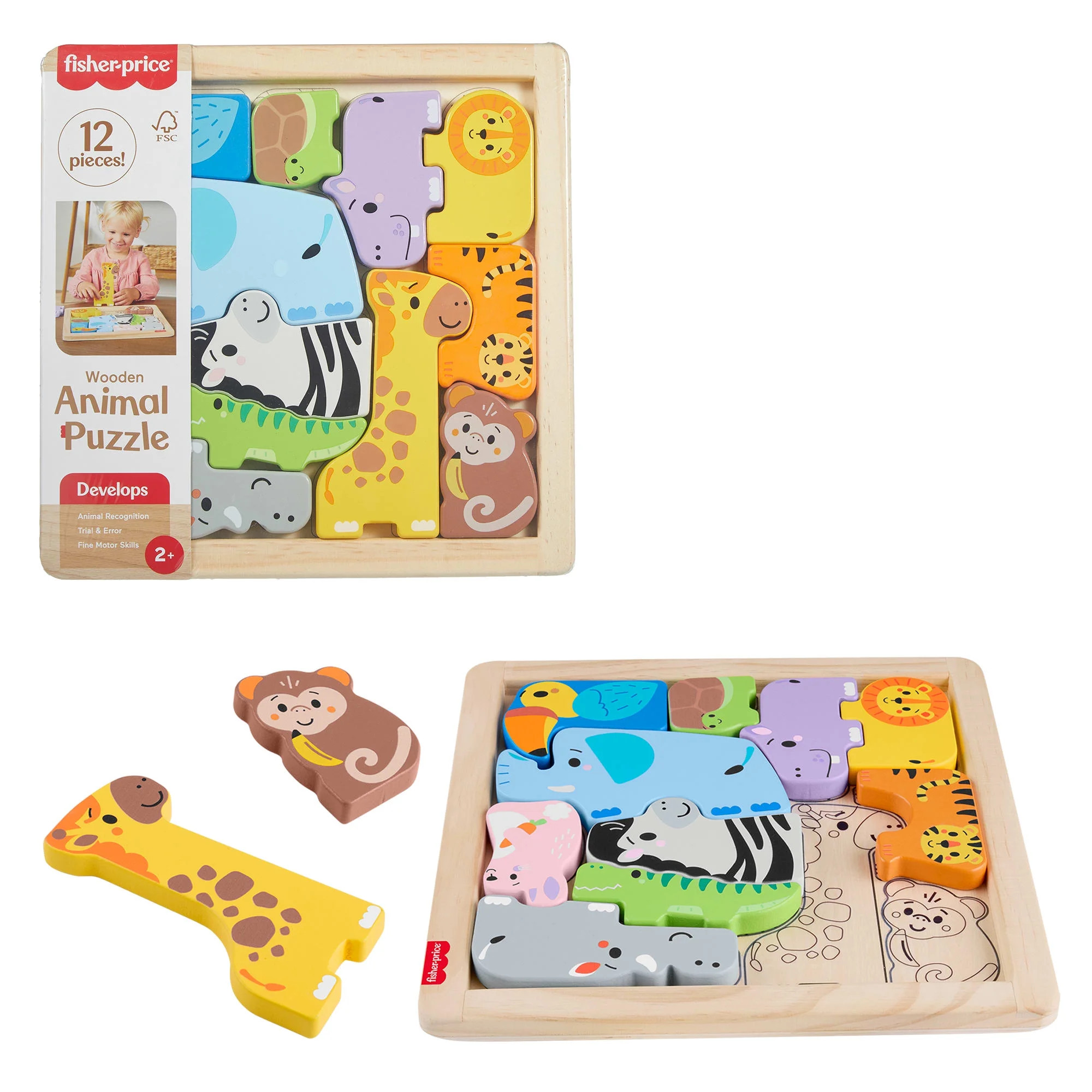 Fisher-Price Wooden Animal Puzzle, Shape-Sorting Activity for Kids, 12 Wood Blocks | Walmart (US)
