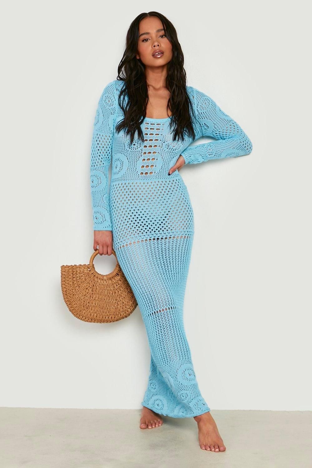 Womens Petite Recycled Crochet Maxi Dress - Blue - 0 | Boohoo.com (US & CA)