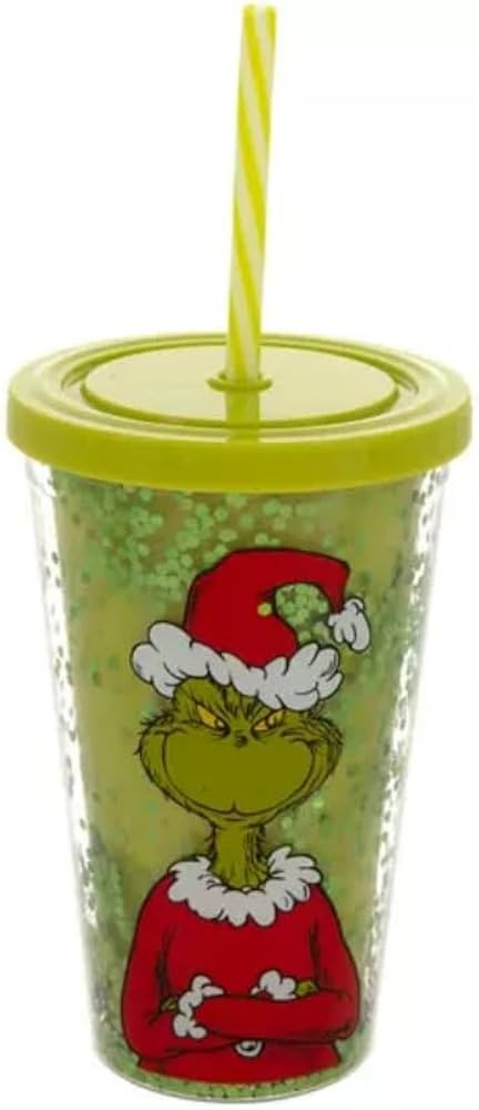 Acrylic Glitter Tumbler, 16 Ounces, Green, Double-Wall Construction, Striped Straw, Grinch Theme,... | Amazon (US)