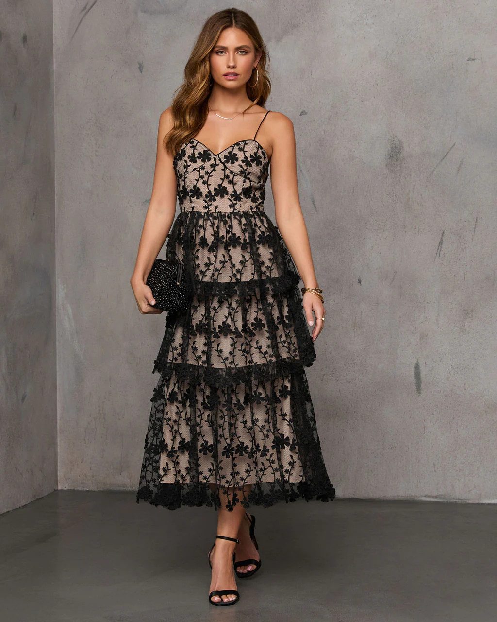 Enchanted Night Tiered Embroidered Midi Dress | VICI
