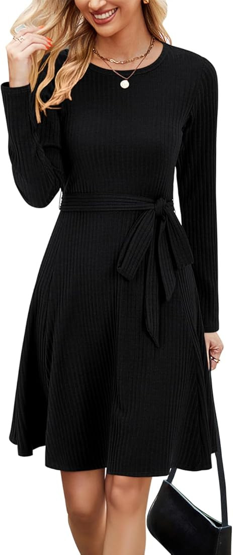 Newshows Women's 2024 Fall Sweater Dress Long Sleeve Casual Outfits A-Line Ribbed Knit Belt Skate... | Amazon (US)