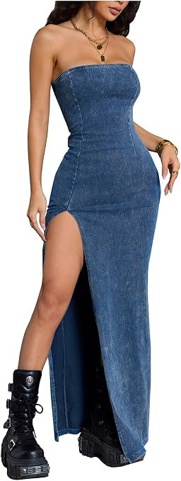 MakeMeChic Women's Denim Tube Dress Split Thigh Strapless Bandeau Bodycon Y2K Long Dresses | Amazon (US)