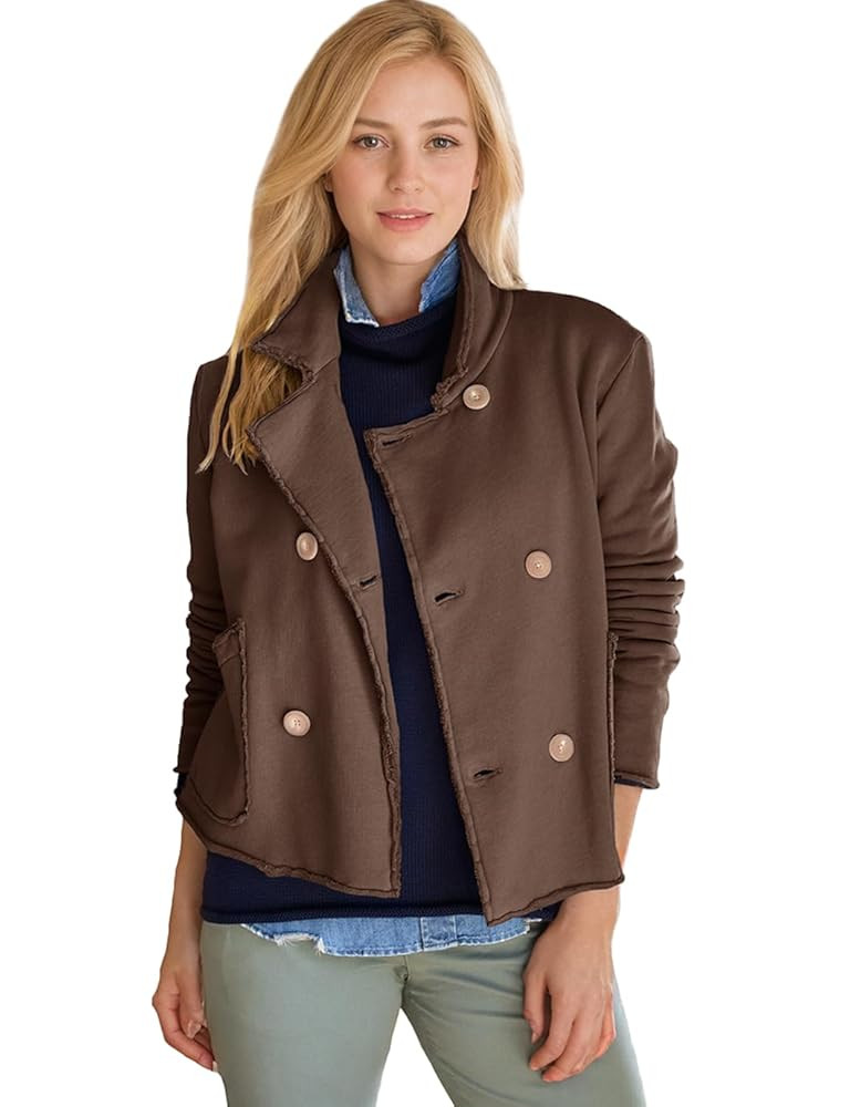 Women's Cropped Pea Coat Notched Lapel Double Breasted Trench Overcoat Blazer Jacket with Pockets | Amazon (US)