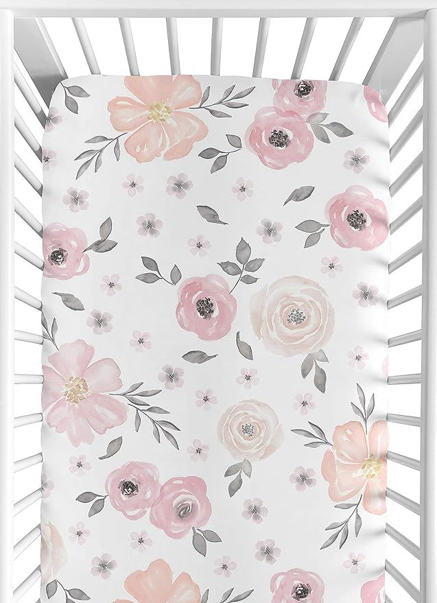 Blush Pink, Grey and White Baby or Toddler Fitted Crib Sheet for Watercolor Floral Collection by ... | Amazon (US)