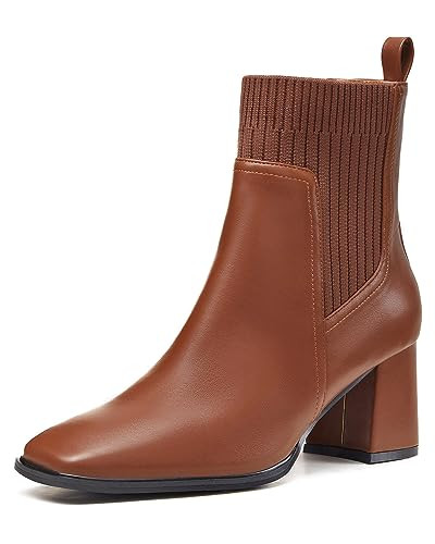 Coutgo Women's Slip On Ankle Boots Chunky Block Heel Square Toe Splicing Dress Sock Booties | Amazon (US)