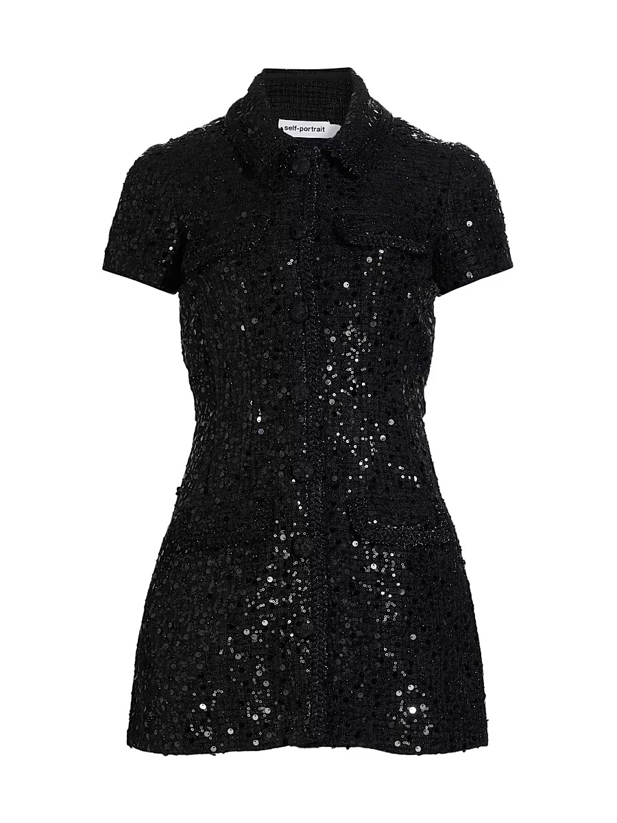Women's Sequin-Embellished Bouclé Minidress - Black - Size 0 | Saks Fifth Avenue