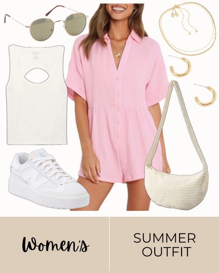 affordable summer outfit, summer fashion, pink romper, sneakers, white, under shirt, white bag, earrings, necklace, sunglasses, women’s fashion, trending fashion 

#LTKstyletip #LTKfindsunder100 #LTKshoecrush