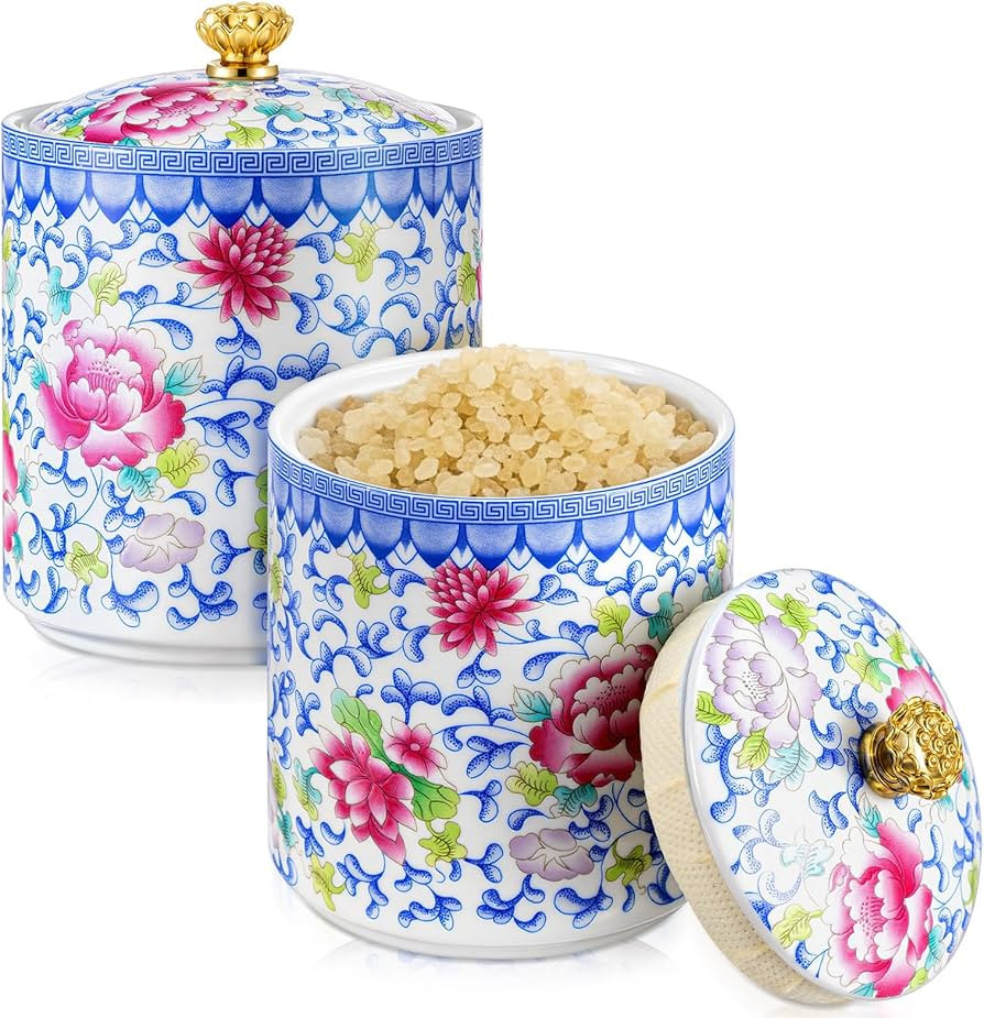 2 Pcs Vintage Chinese Ceramic Porcelain Salt Cellar with Lid Ceramic Salt Holder Container for Co... | Amazon (US)