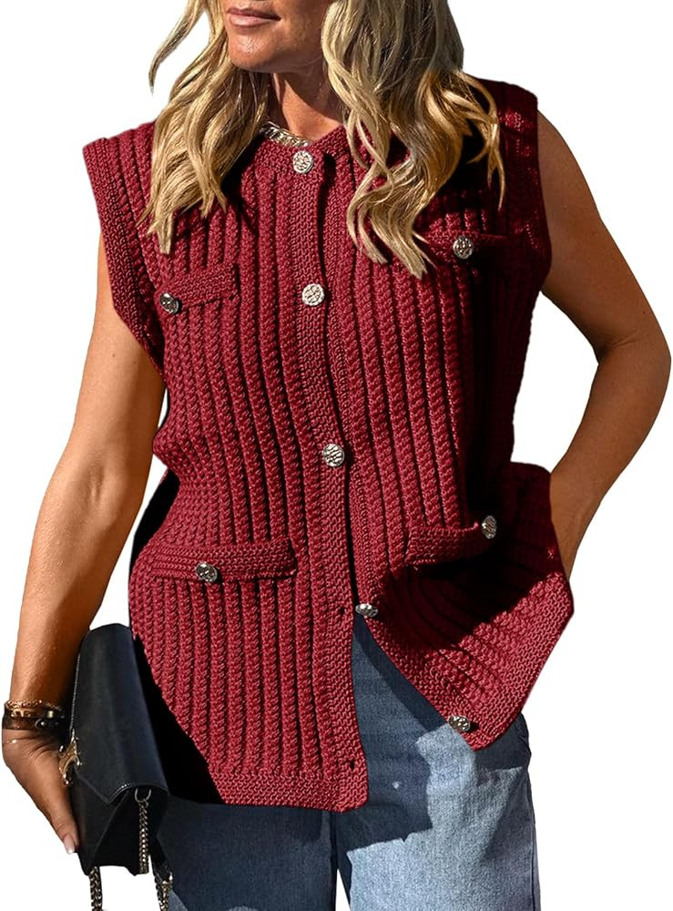 Saodimallsu Womens Sleeveless Sweater Vest Button Up Cable Knit Crew Neck Trendy Casual Loose Sum... | Amazon (US)