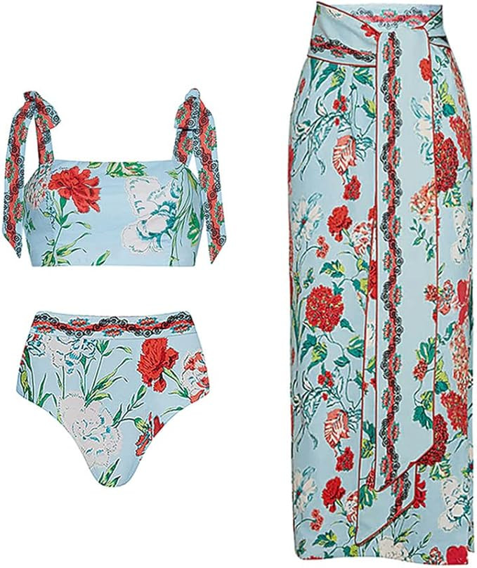 IDOPIP Women's One Piece Swimsuit with Beach Cover up Wrap Skirt Sarong Halter Floral Print Bikin... | Amazon (US)