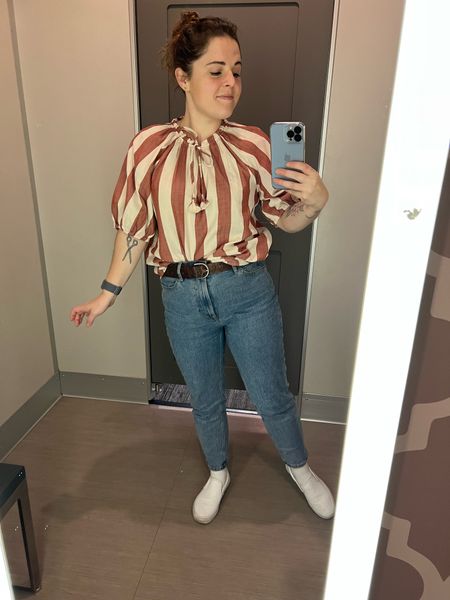target spring. target. spring shirt. spring fashion. pink spring button down. target fashion. summer button down. straight jeans. everlane jeans. white vans. multicolored too. striped top.
