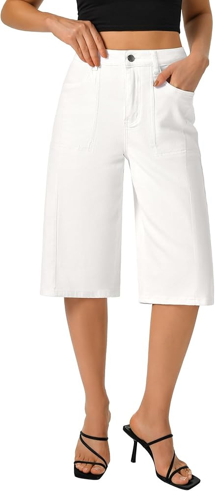 roswear Jean Shorts for Women Stretchy Wide Leg Bermuda Long Jorts with Large Pockets | Amazon (US)