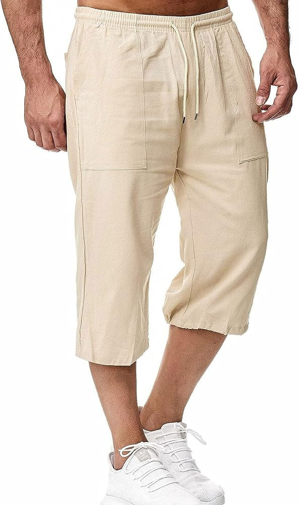 HangNiFang Men's Long Linen Shorts Below Knee Pocketed 3/4 Summer Drawstring Capri Pant | Amazon (US)