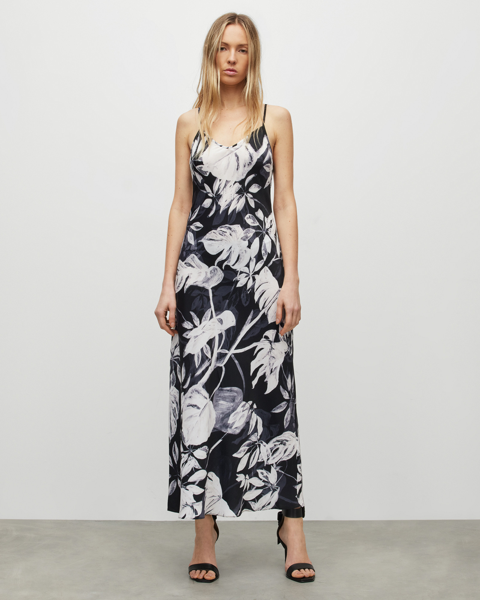 Bryony Jackie Floral Midi Slip Dress Black | ALLSAINTS | AllSaints UK