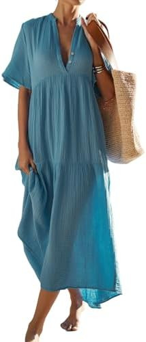 R.Vivimos Womens Summer Cotton Flowy Maxi Dress Short Sleeve V Neck Empire Waist Boho Tiered Ruff... | Amazon (US)