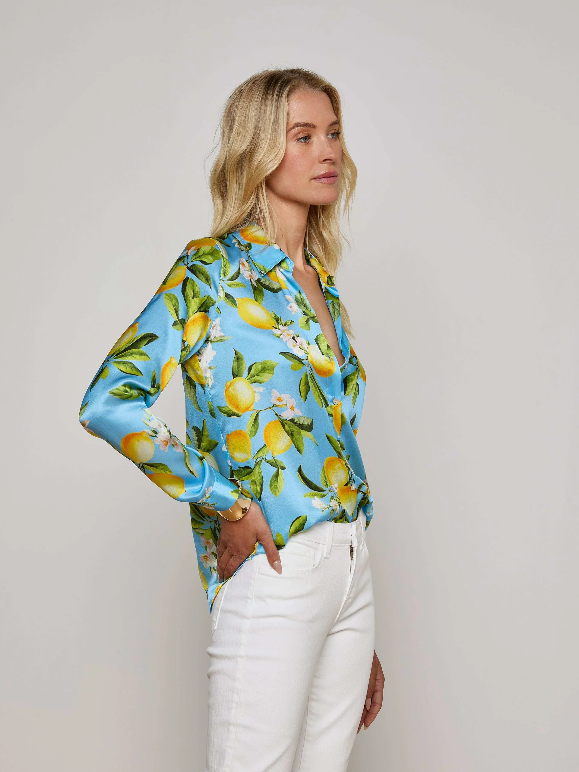 Tyler Silk Blouse in Sky Blue/Yellow Floral Lemon | L'AGENCE | L'Agence
