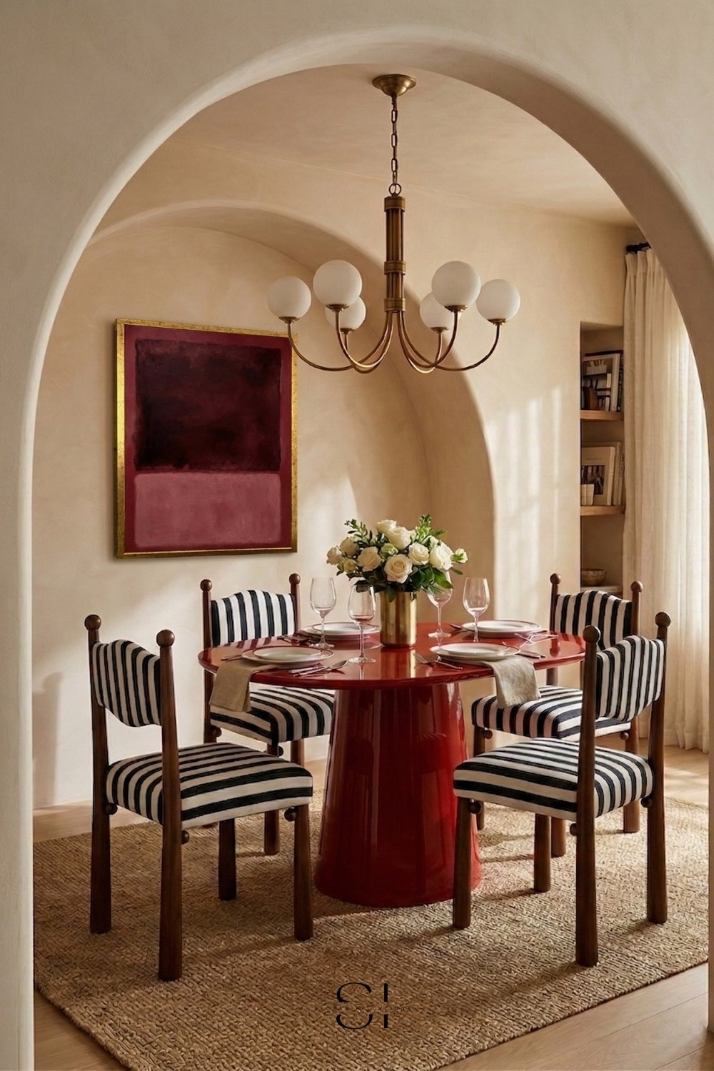 Every home should have a pop of ready in it and this dining table does it. I am absolutely obsessed! Red tables are hard to find if they aren’t custome and these black and white striped chairs, give you that perfect designer look on a budget. The artwork and statement gold chandelier add such a cozy, eclectic vibe to the whole room! Red table, modern dining room, striped chairs, patterned chairs 

#LTKHome
