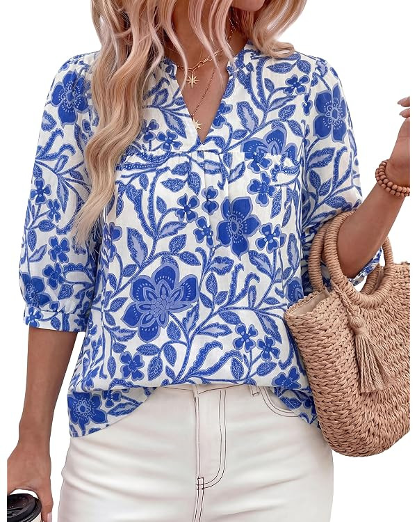 PRETTYGARDEN Women's 2026 Summer Floral Blouses Dressy Casual Half Sleeve V Neck Going Out Boho T... | Amazon (CA)