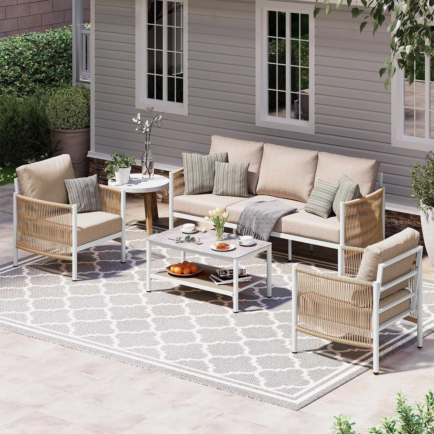 Aluminum Outdoor Patio Furniture Set with Dual-Layer Coffee Table, 4 Piece Modern Patio Conversat... | Amazon (US)