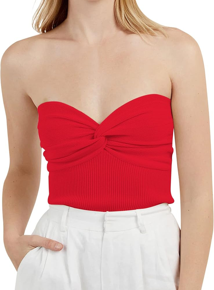 Meladyan Women Twist Knot Solid Knit Bandeau Tube Top Sexy Strapless Sleeveless Slim Fit Crop Tan... | Amazon (US)