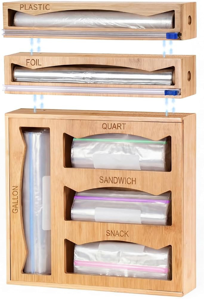 6-in-1 Bamboo Kitchen Drawer Organizer for Storage Bag, Foil & Plastic Wrap | Amazon (US)