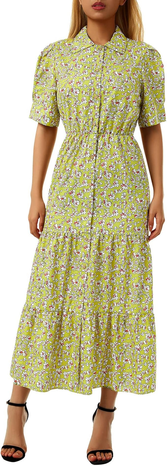 Women Floral Print Shirt Midi Dress Short Sleeve Button Down Dress Casual V Neck Elastic Waist A-... | Amazon (UK)