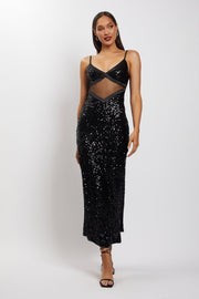 Amirah Mesh Cut Out Sequin Maxi Dress - Black | MESHKI US