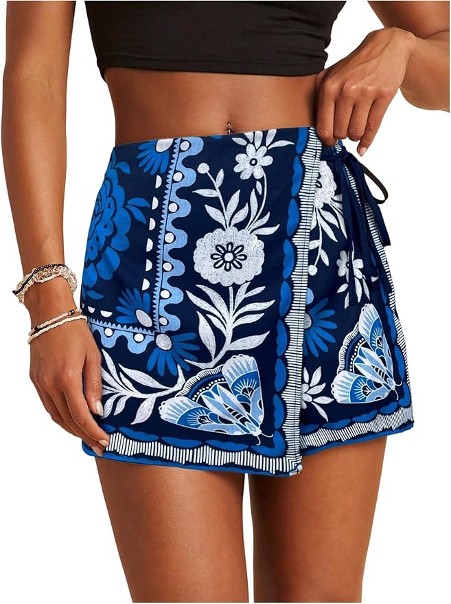 SweatyRocks Women's Shorts Floral Print Tie Side Wrap Elastic Waist Boho Short Skorts | Amazon (US)