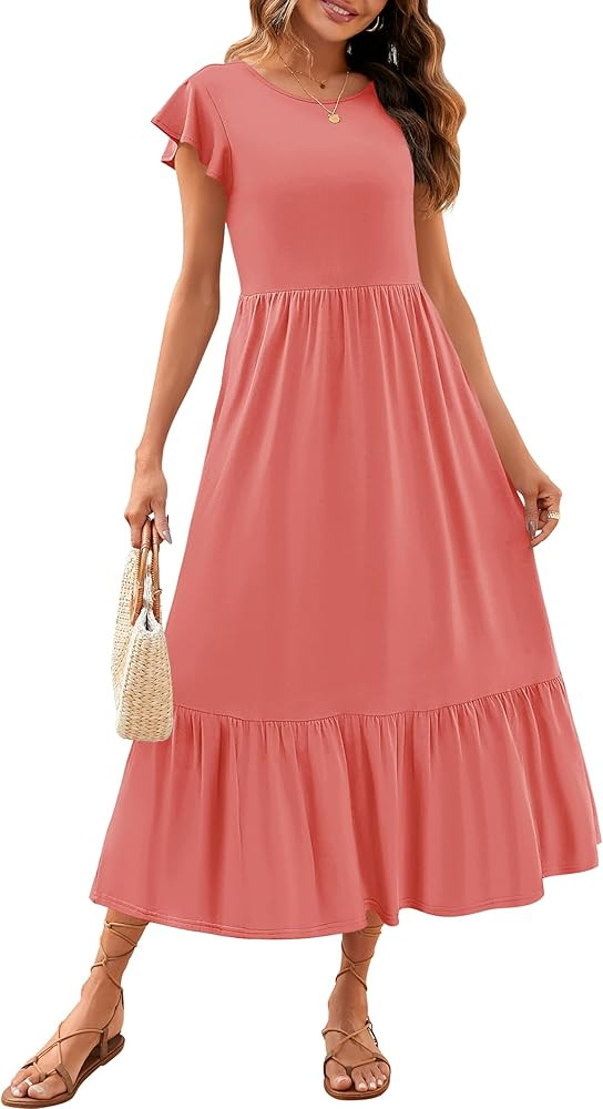 ZESICA Women's 2024 Summer Casual Dresses Flutter Short Sleeve Crewneck Loose Flowy Tiered Beach ... | Amazon (US)