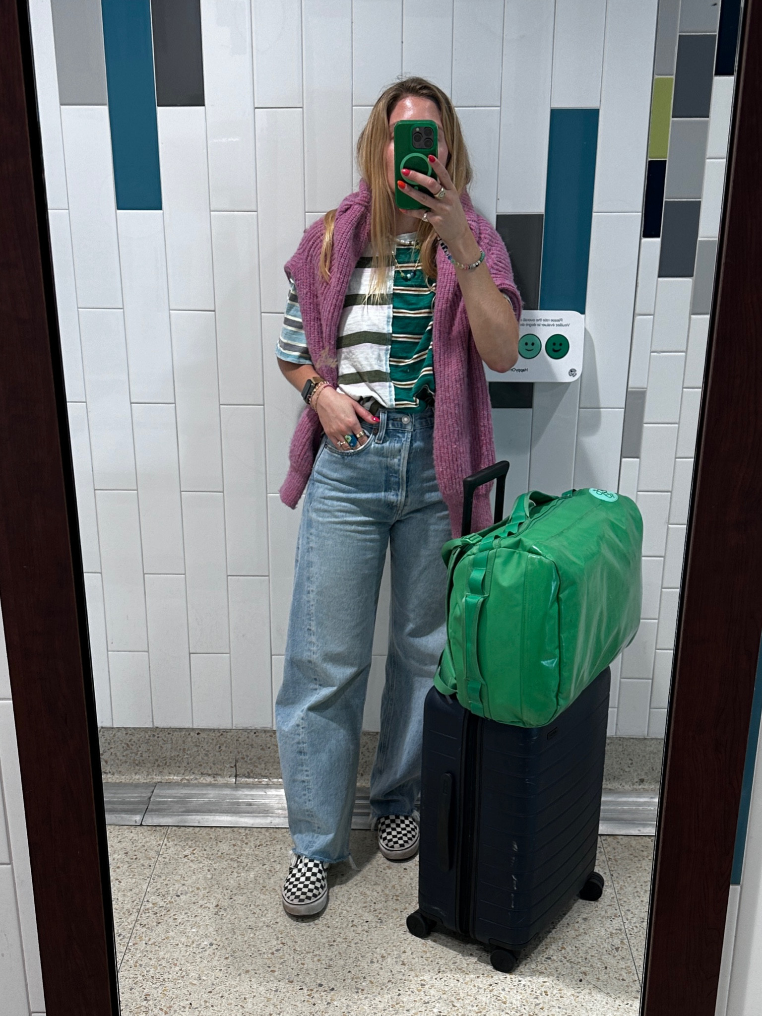 Travel fit ✔️airport bathroom selfie because this fit was so comfy!! Sweater in pink direct on Le Jean site - added the tan via amazon below 

Denim - 24, no tailoring!
Tee - XS
Sweater - small (slightly oversized fit)
Away - bigger carryon 

Backpack - baboon to the moon 40L

#LTKSeasonal #LTKStyleTip #LTKTravel
