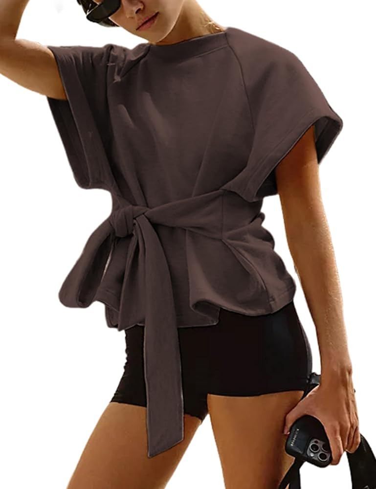 Zhiyouni Women's Summer Short Sleeves Tee T Shirt Crewneck Tie Knot Tops Sweatshirt | Amazon (US)