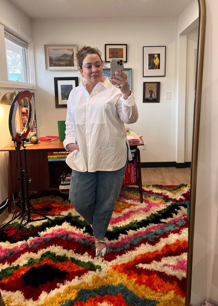 Casual rainy day look: a tux shirt with barrel jeans and silver ballet flats. The hoops belonged to my mom but I found similar! 

#LTKmidsize #LTKover40