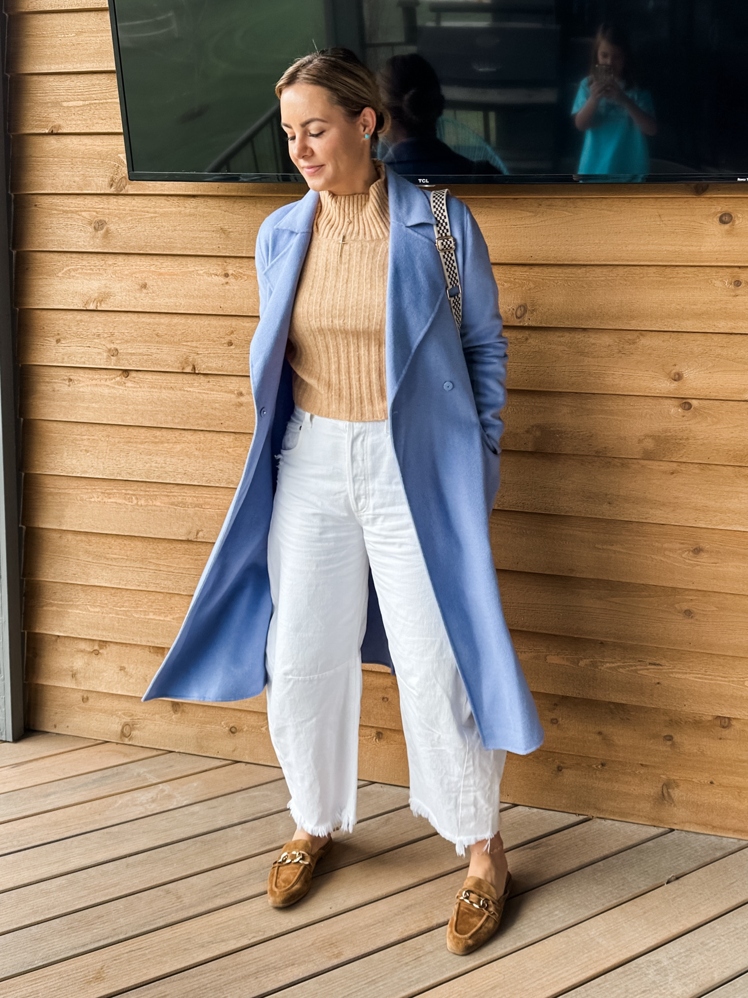 Church outfit :: Spring style, Sunday style, Sunday outfit, periwinkle coat, wool overcoat, blue long coat, white jeans, barrel jeans, horseshoe jeans, crop turtleneck sweater, spring sweater, suede mules, chain link mules, belt bag, crossbody bag 

#LTKstyletip #LTKSeasonal #LTKworkwear