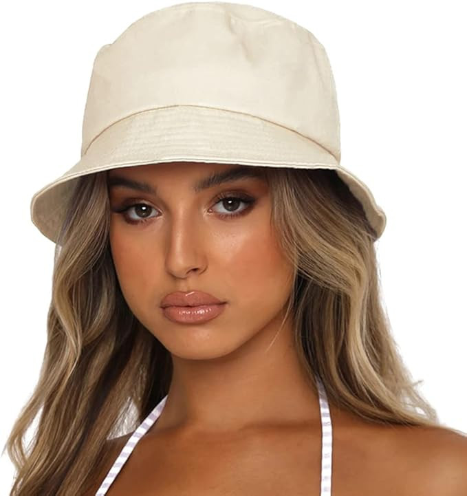 Bucket Hat for Women Men, Reversible Cotton Summer Sun Beach Cap Solid Color Style | Amazon (US)