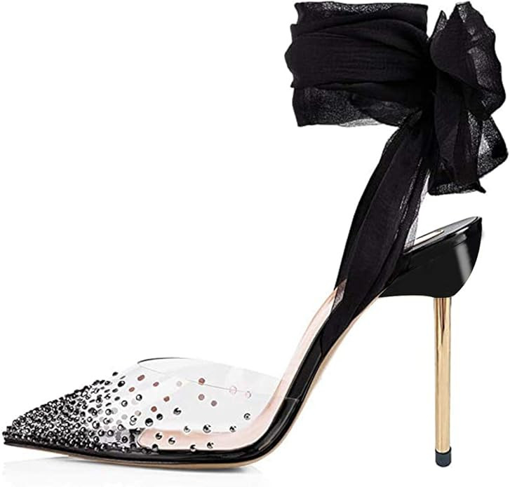 FSJ Women High Heel Ankle Strap Sandals Pointed Toe Rivets Pumps PVC Club Dress Shoes with Studs ... | Amazon (US)