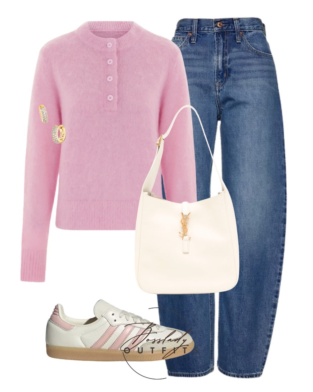 Casual weekend uniform, but make it cute! 🌸 Styling this cozy, fuzzy pink polo sweater with my go-to medium-wash straight-leg jeans for the ultimate comfortable-yet-put-together look. I am absolutely obsessed with how perfectly these white and pink Adidas Sambas tie the whole outfit together!
To elevate the casual vibe, I paired it with a classic white YSL hobo bag and everyday gold huggie hoops. It's the perfect effortless outfit for a coffee run, casual brunch, or running errands in style.

#LTKjeans #LTKshoes #LTKbag