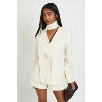 boohoo Women's Scarf Detail Open Front Blazer in Cream | Size: 12 | Boohoo.com (UK & IE)