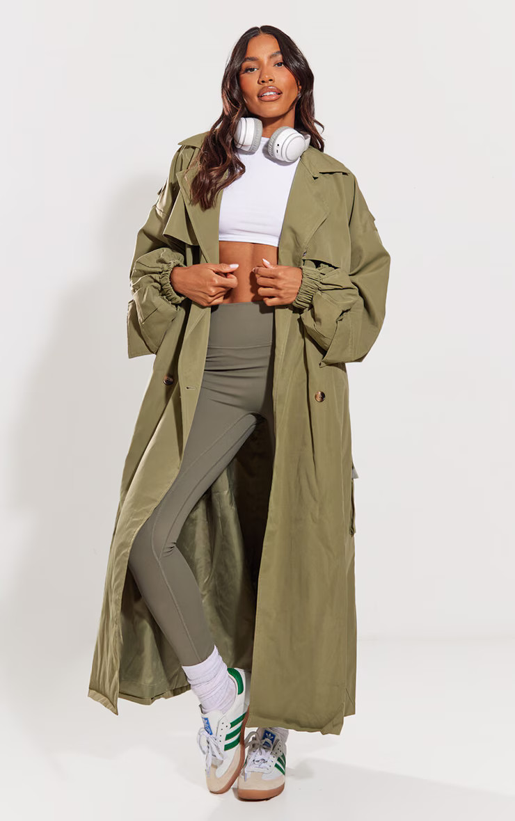 Khaki Cargo Pocket Detail Oversized Trench Coat | PrettyLittleThing UK