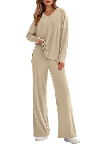 PRETTYGARDEN 2 Piece Lounge Sets for Women Fall Outfits 2025 Casual Loose Long Sleeve Tops Wide Leg Pants Matching Pajama Set(Beige,Large) | Amazon (US)