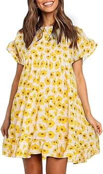 Chuanqi Womens Ruffles Boho Floral Printed Babydoll Loose Swing Casual Short Mini T-Shirt Dress | Amazon (US)