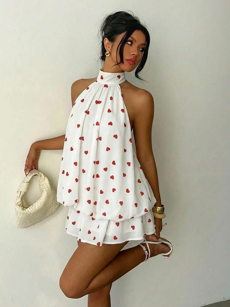 Aloruh Women's Heart Print Backless Tie Strap Mini Dress, Women's Date Dress, Women's Night Out Dress, Women's Summer Dress, Women's Honeymoon Outfit, Women's Wedding Guest Dress, Island Vacation Outfit, Women's Wedding Guest Dress, Women's Sundress, Women's Elegant Party Dress, Women's Birthday Dress, Women's Valentine's Day Dress Spring | SHEIN