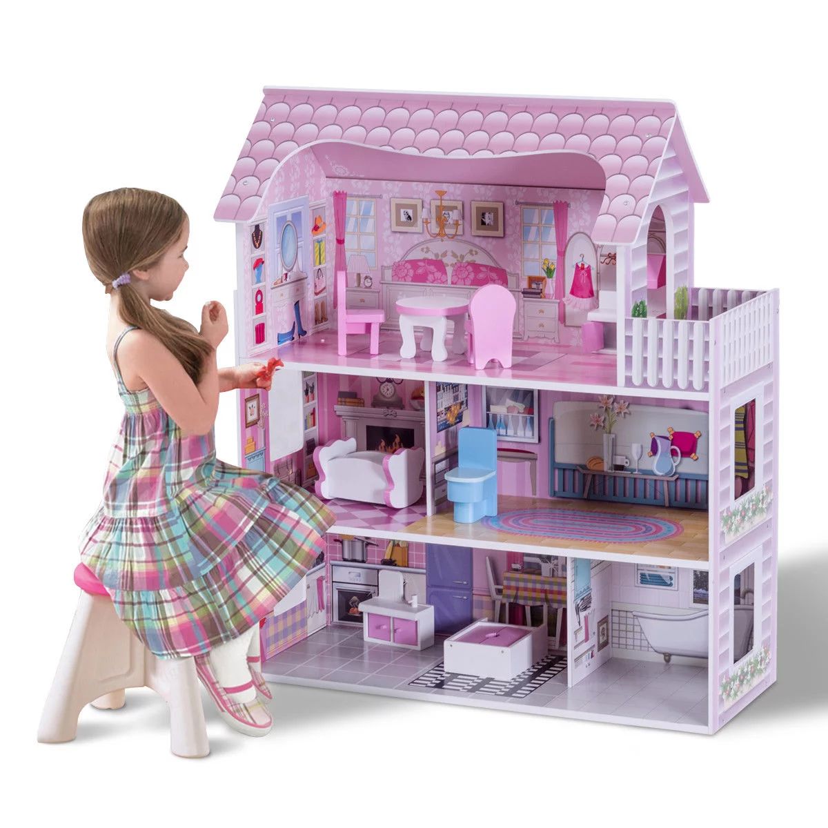 Gymax Young Girls Pink Dollhouse, 8 Pieces | Walmart (US)