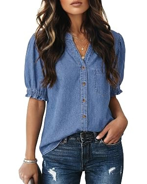 Dokotoo Women Denim Shirt Button Down Casual Short Sleeve V Neck Blouse Summer Tops | Amazon (US)