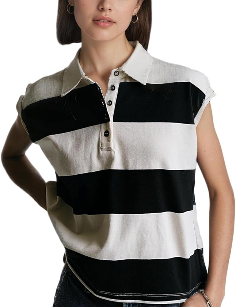 Women Sleeveless Rugby Striped Polo Shirt Casual Button | Amazon (US)