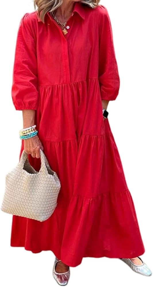 Casual Cotton Dresses for Women with Loose Fit,Women's Solid Color Lapel Neck Button Down 3/4 Sle... | Amazon (US)