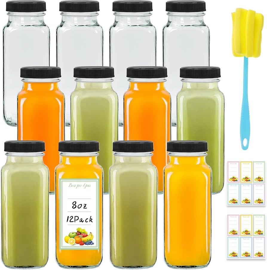 12 Pack 8oz Glass Juice Bottles with Lids, 250ml Reusable Glass Juicing Bottles, Square Drinking ... | Amazon (US)