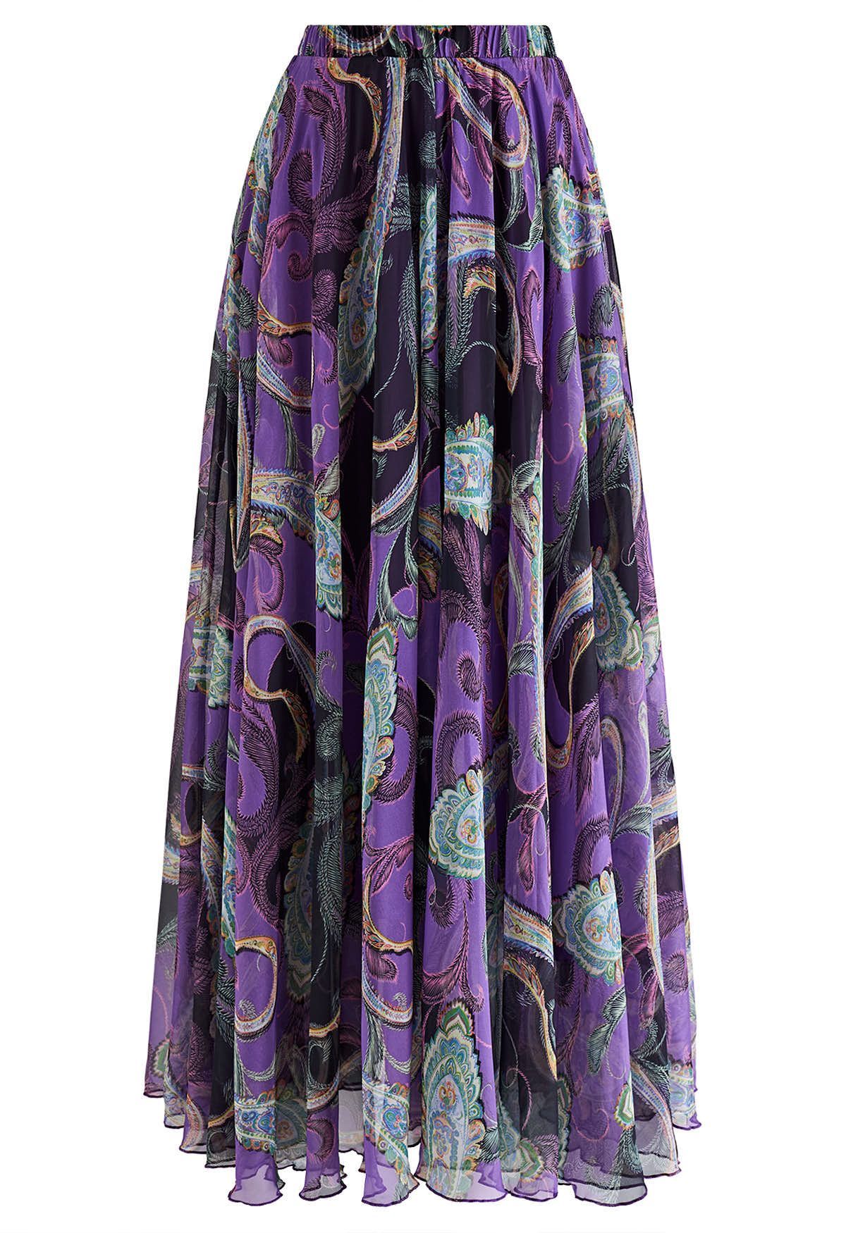 Exotic Paisley Chiffon Maxi Skirt in Purple | Chicwish