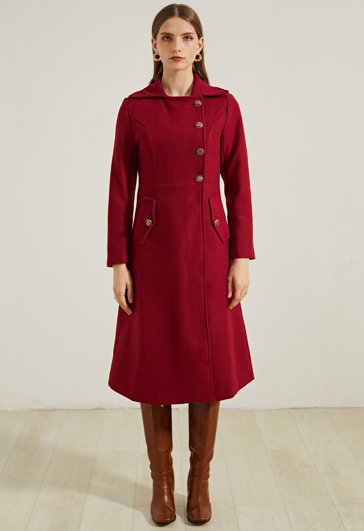 Modish Golden Button Wool-Blend Longline Coat in Red | Chicwish