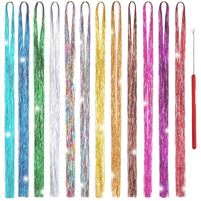 Hair Tinsel Kit 12 Colors, 2500 Strands 48 Inches Sparkling Tinsel Hair Extensions with Tool, Fai... | Amazon (US)